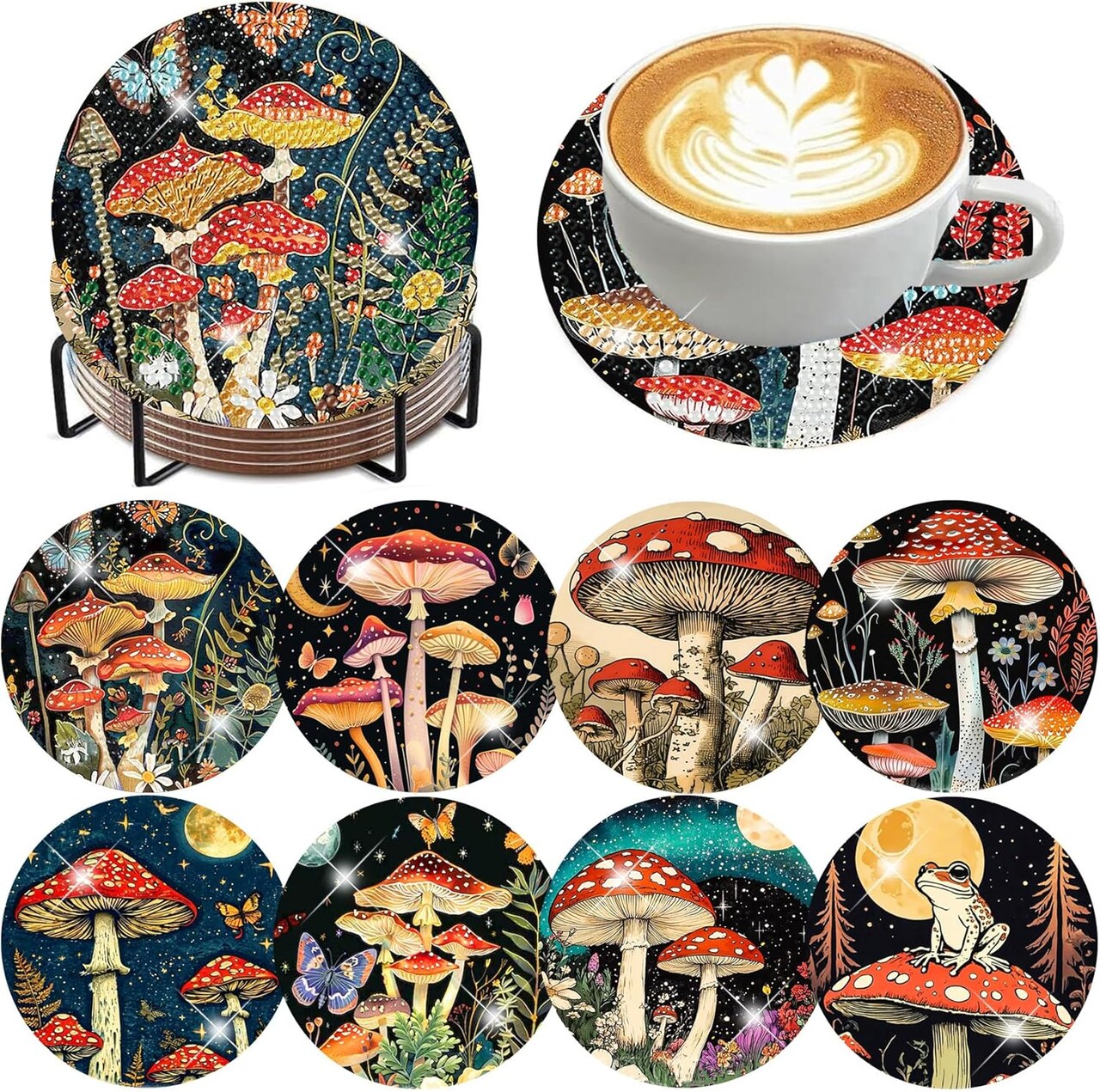8 PCS Mushroom Diamond Art Coasters Mushroom Moon Retro Diamond Painting Coasters Kits with Holder DIY for Beginners, Adults, Diamond Art Kits for Adults Crafts Supplies 4x4 in